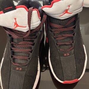 Jordan Men's Black and White Sneakers with Red Highlights